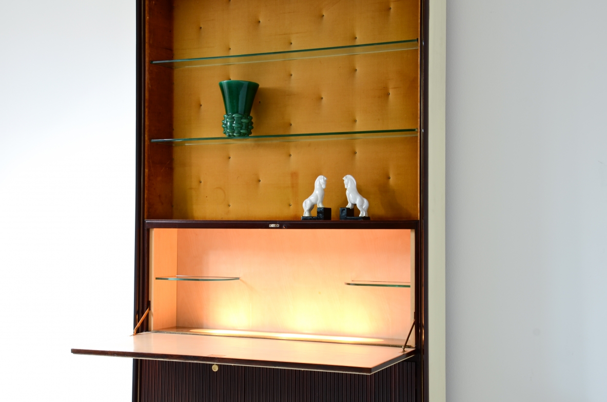 ABV Borsani  Large storage cabinet / bar / bookcase with central door painted on parchment ,two doors in grissinato wood, illuminated bar container