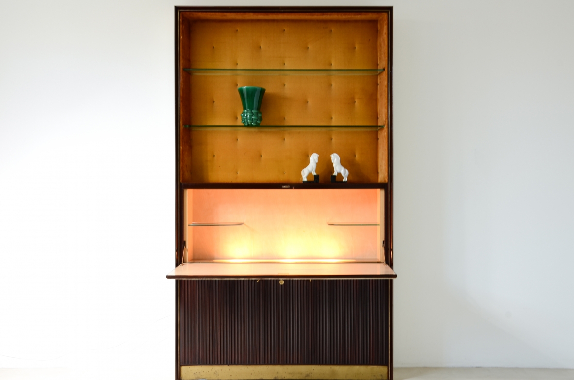 ABV Borsani  Large storage cabinet / bar / bookcase with central door painted on parchment ,two doors in grissinato wood, illuminated bar container