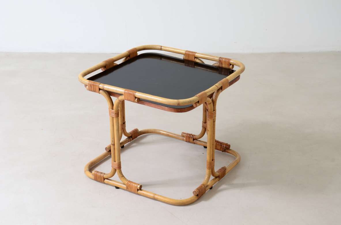 Tito Agnoli (1931-2012)  Small rattan and curved bamboo coffee table . Bonacina manufacture 1970