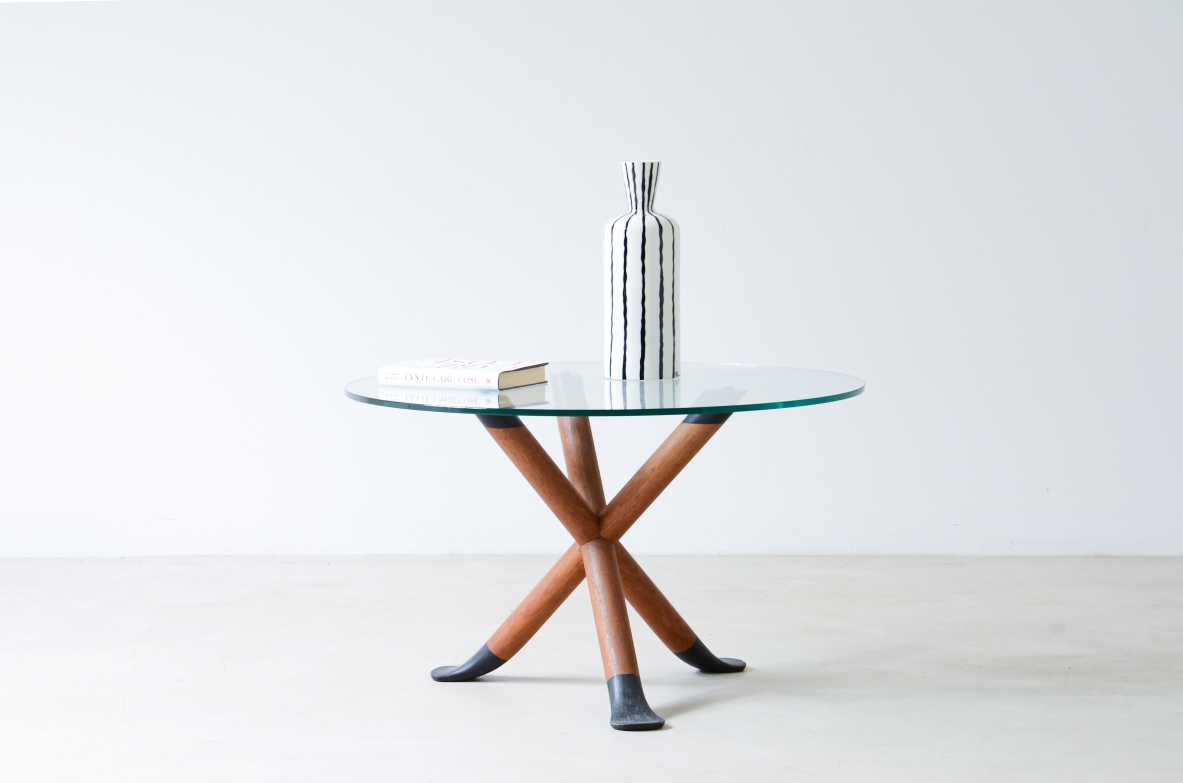 Pietro Chiesa, wood tripod coffee table with thick glass top.  Fountana Art 1940s.