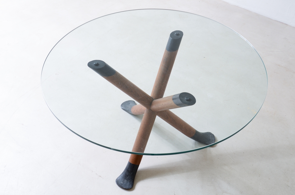 Pietro Chiesa, wood tripod coffee table with thick glass top.  Fountana Art 1940s.