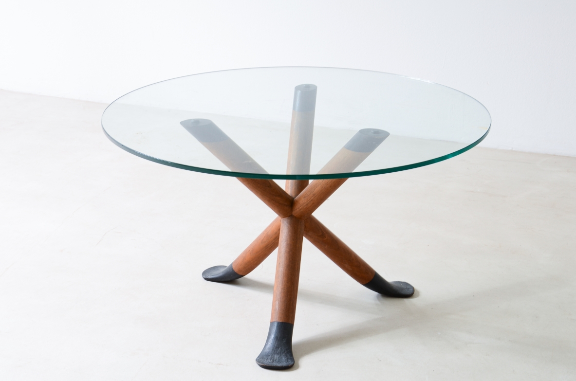 Pietro Chiesa, wood tripod coffee table with thick glass top.  Fountana Art 1940s.