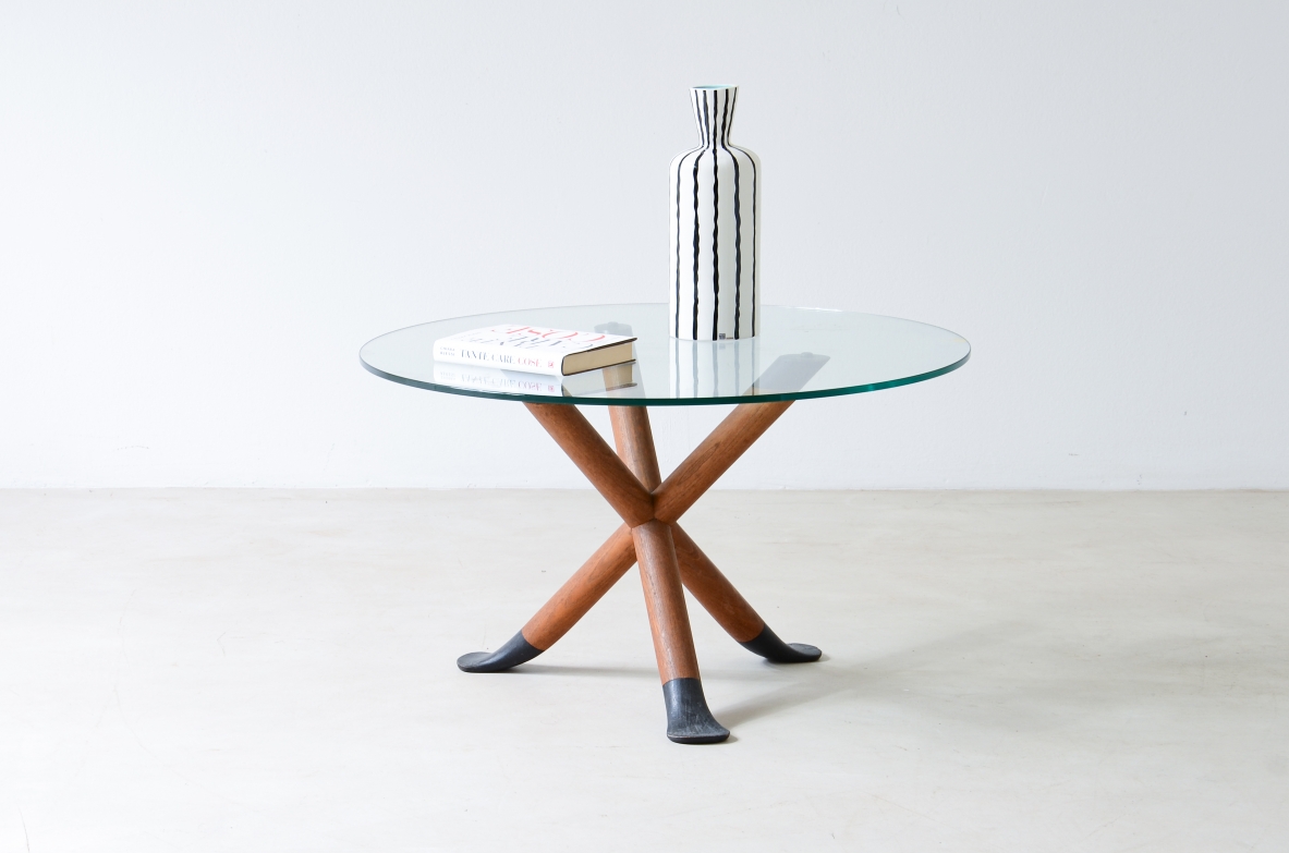 Pietro Chiesa, wood tripod coffee table with thick glass top.  Fountana Art 1940s.