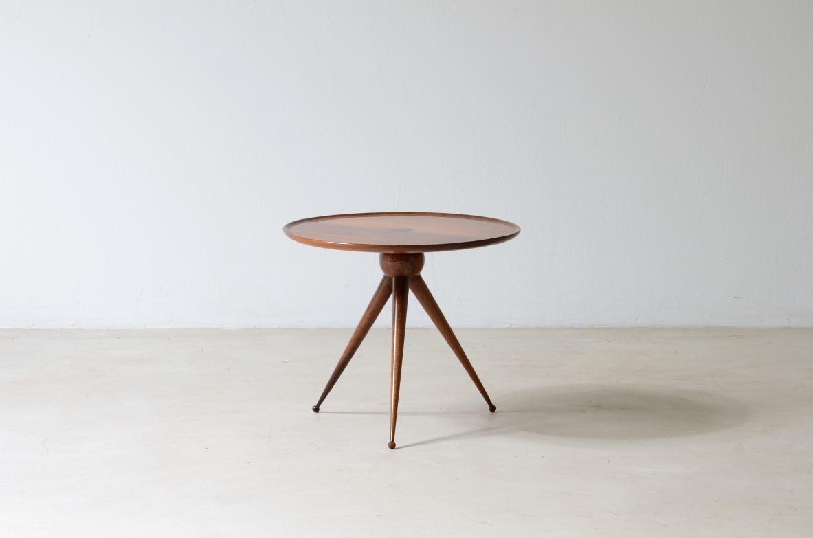 Small refined coffee table with thin turned legs and tray top.  Italian manufacture, ca. 1950.