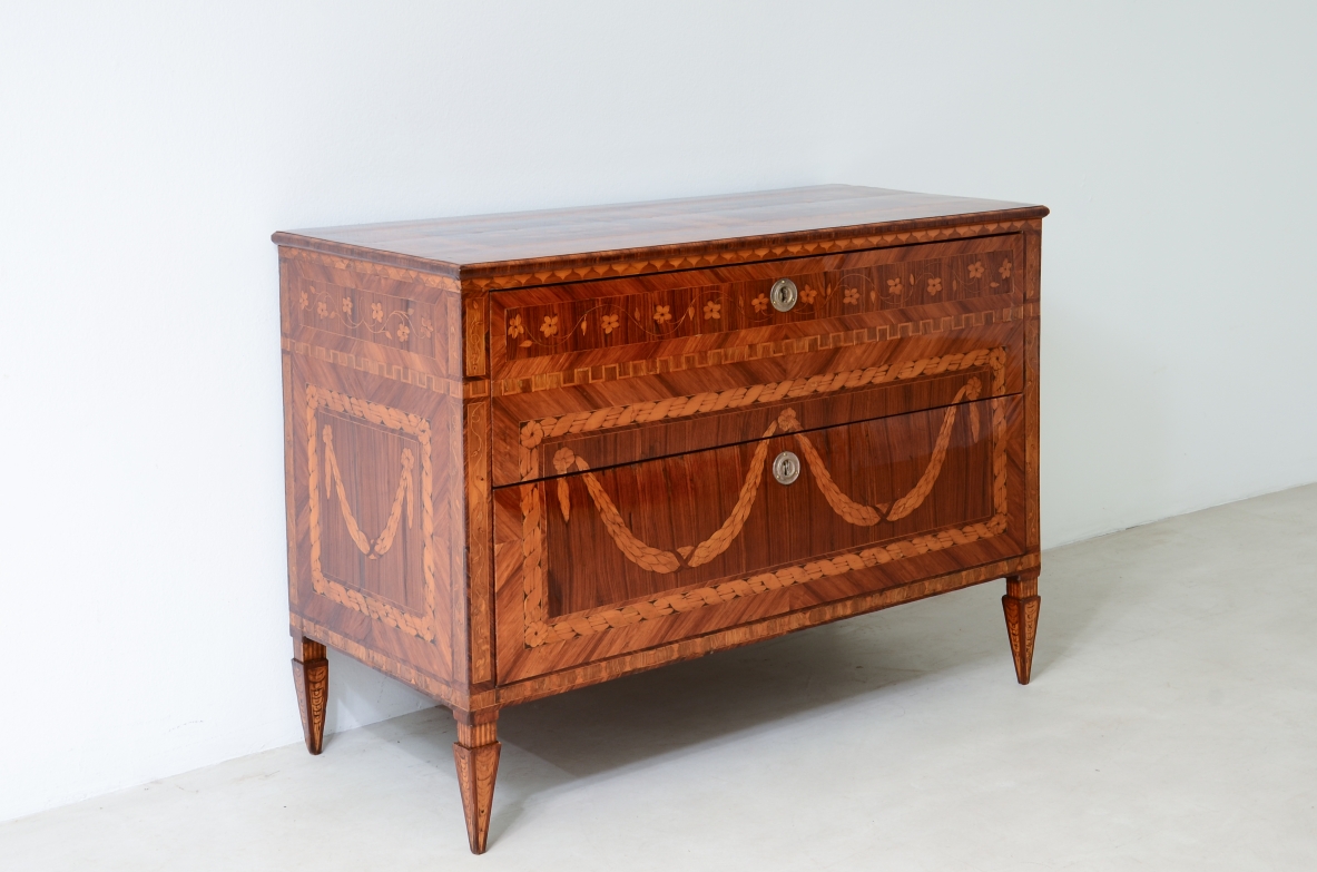Extraordinary inlaid cabinet with two drawers.  Louis XVI era,