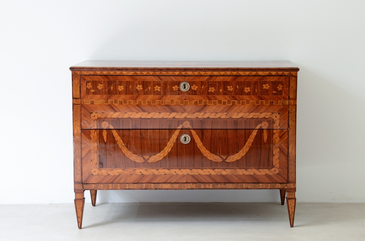 Extraordinary inlaid cabinet with two drawers.  Louis XVI era,
