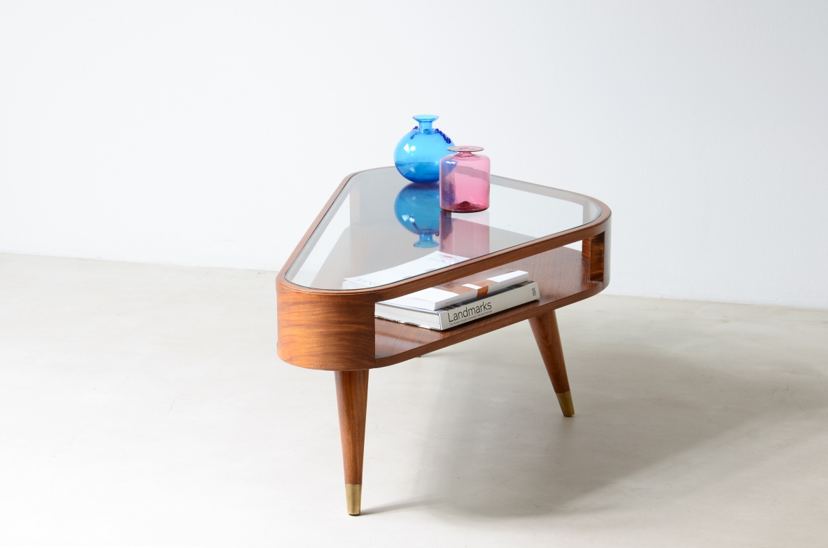 Giuseppe Scapinelli Triangular coffee table with double support base, glass top