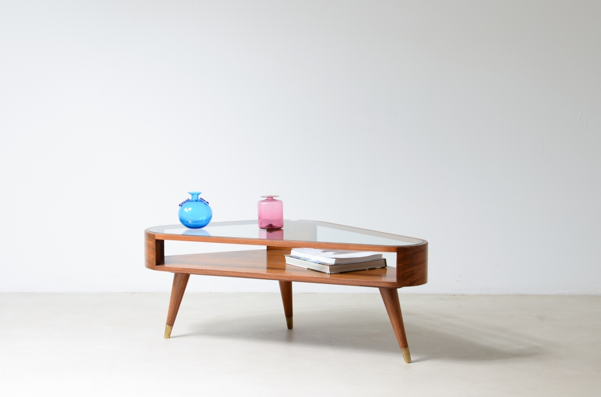 Giuseppe Scapinelli Triangular coffee table with double support base, glass top