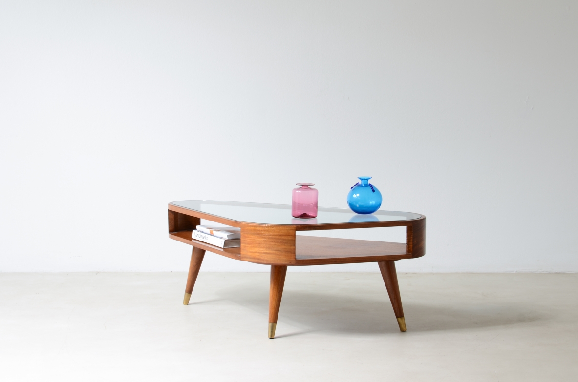 Giuseppe Scapinelli Triangular coffee table with double support base, glass top