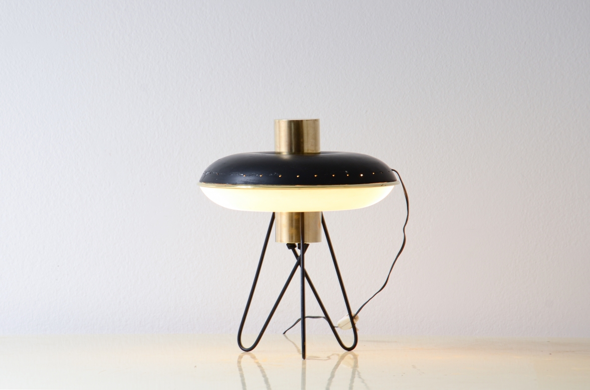 Small table lamp with perforated metal disc and printed glass 1950
