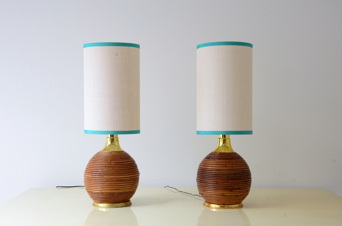 Pair of lamps in the style of Gabriella Crespi in rattan and turned brass 1970