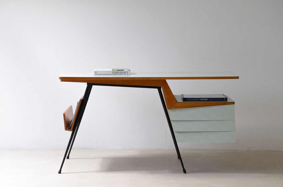 rationalist style desk in metal and wood with methacrylate covered tops 1950's