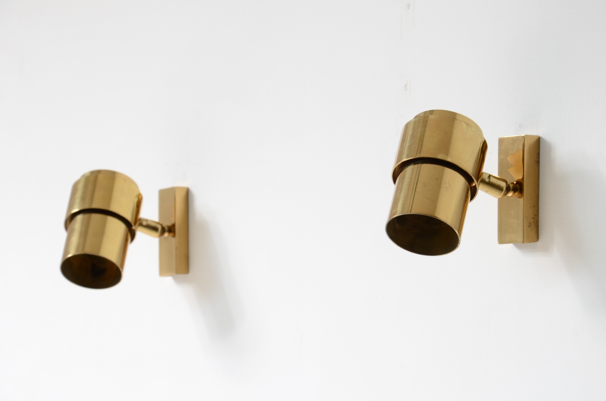 Pair of small brass wall spotlights adjustable in all directions.  Italian manufacture 1960-70ca.