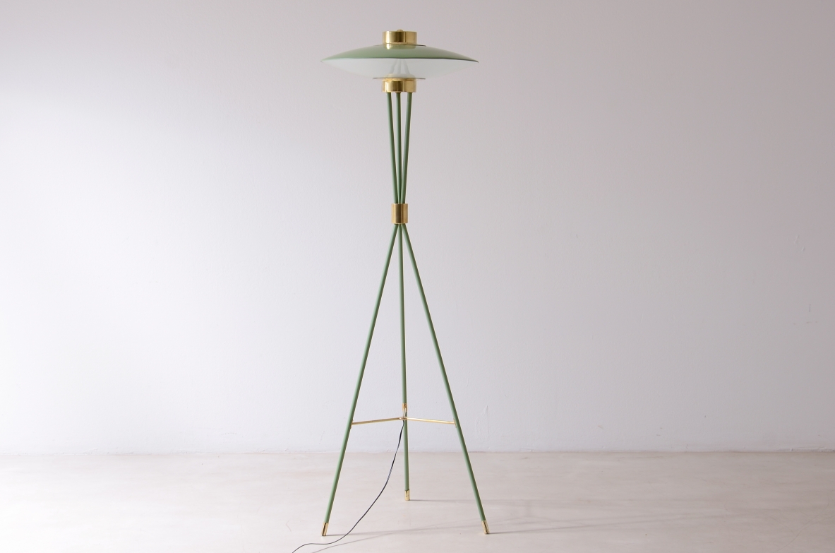 Stilnovo Milan  Rare floor lamp in light green lacquered metal, 1950.