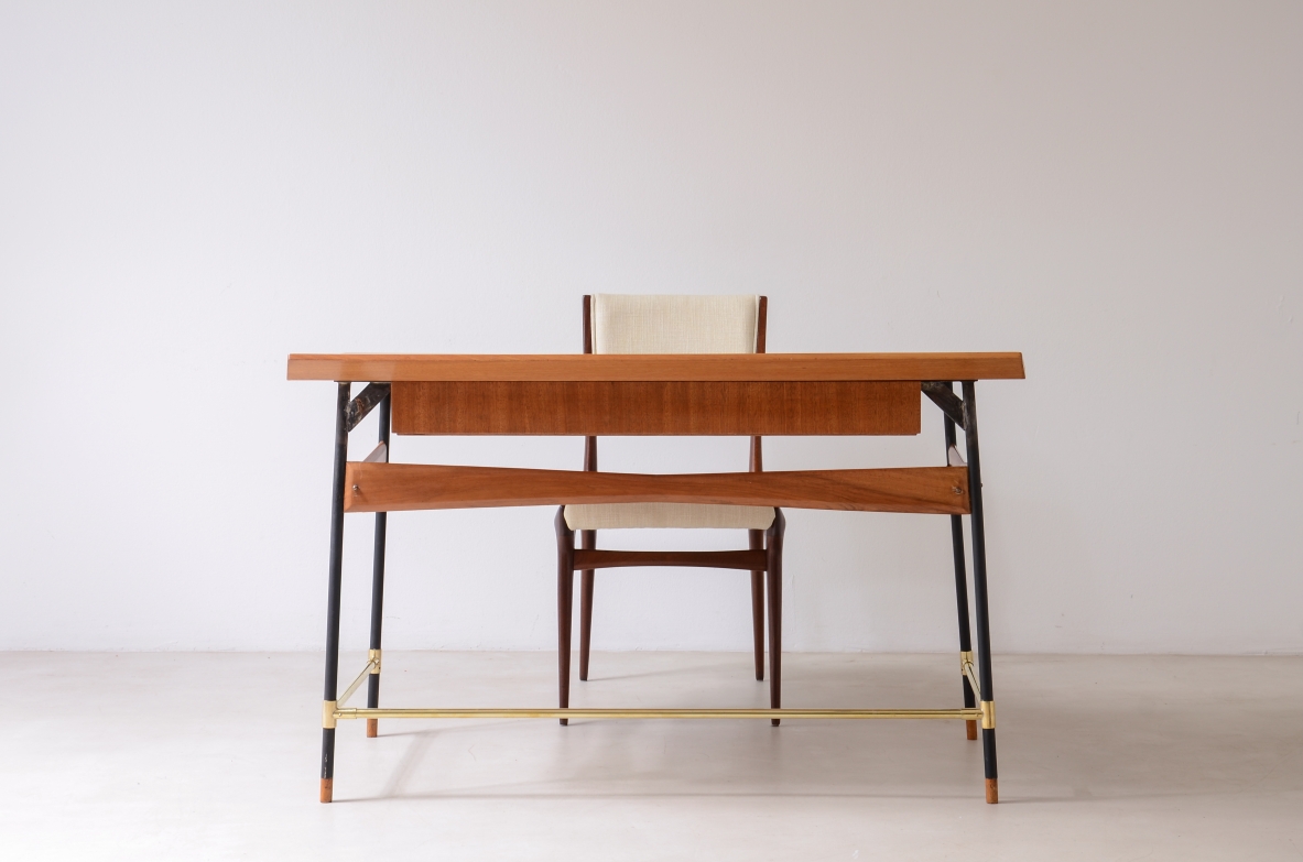 Desk with wooden top and drawers, metal and brass structure.Italian manufacture 60s.