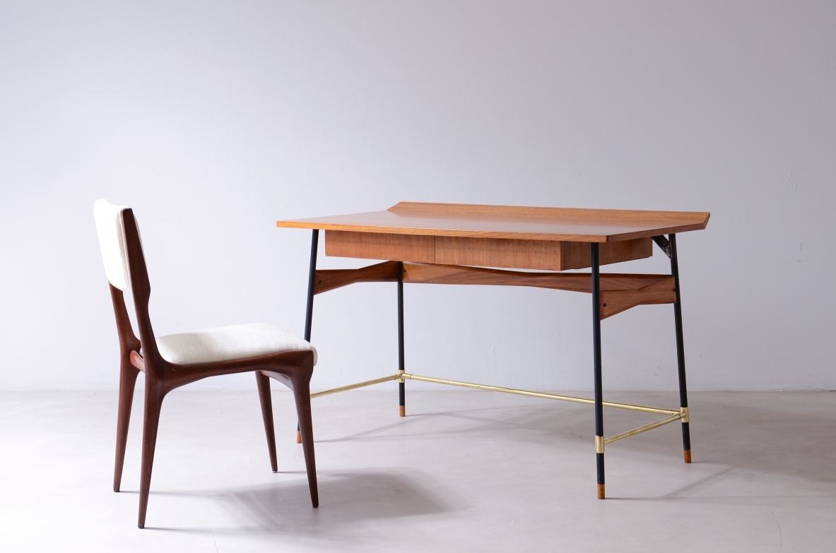 Desk with wooden top and drawers, metal and brass structure.Italian manufacture 60s.