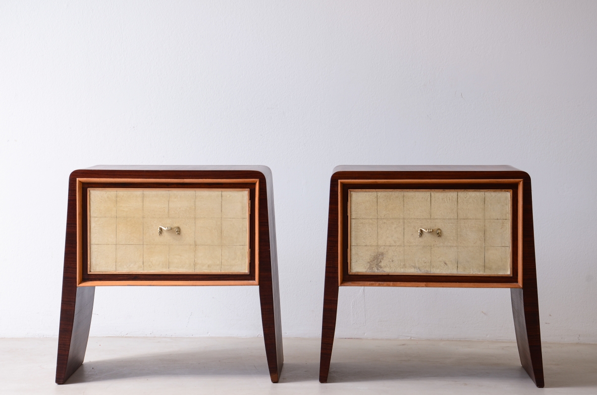 Attr. Paolo Buffa  Pair of wooden bedside tables with pyramid uprights.  Italian manufacture, ca. 1940.