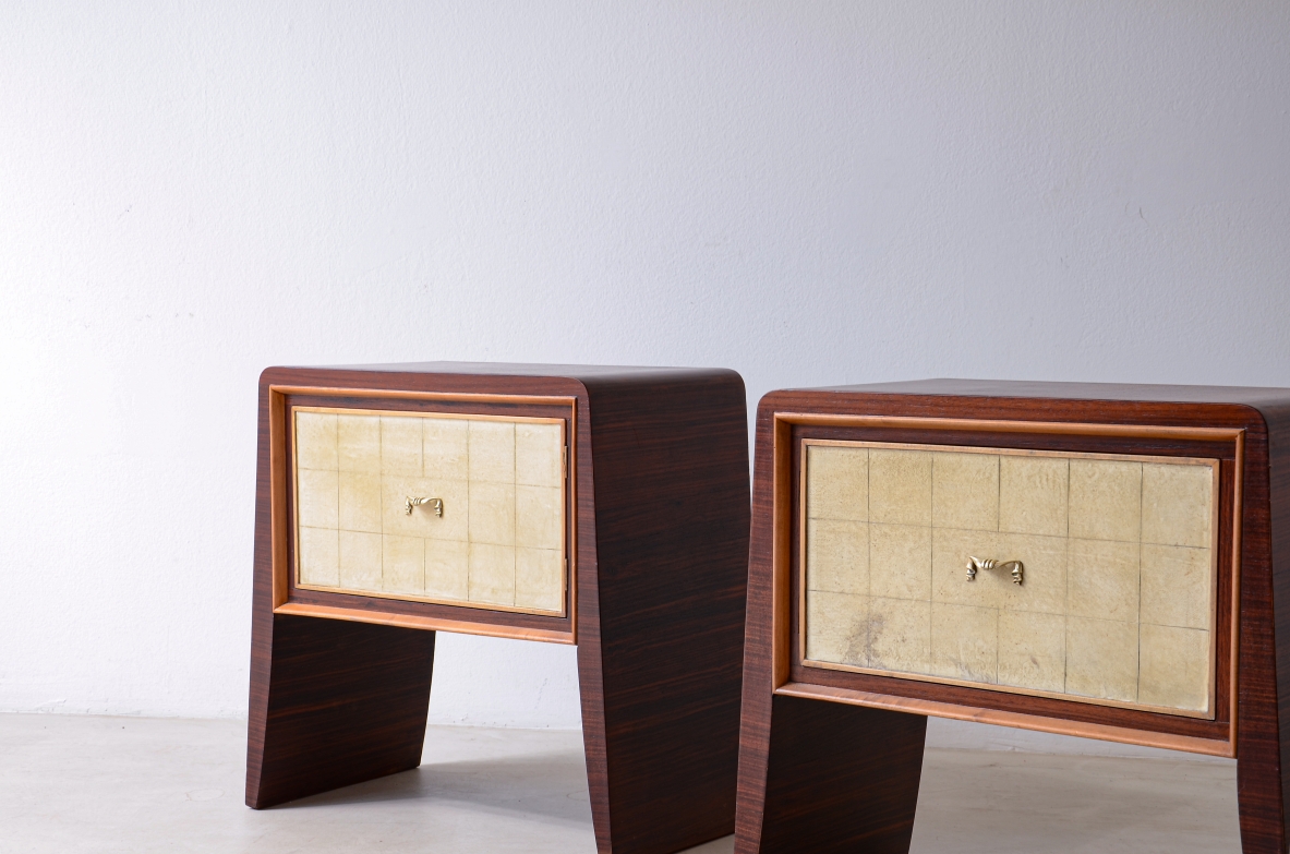 Attr. Paolo Buffa  Pair of wooden bedside tables with pyramid uprights.  Italian manufacture, ca. 1940.