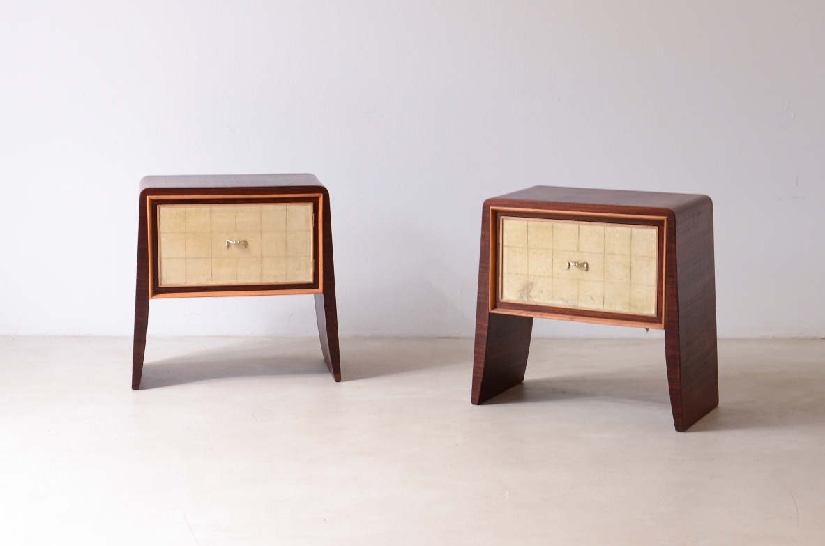 Attr. Paolo Buffa  Pair of wooden bedside tables with pyramid uprights.  Italian manufacture, ca. 1940.
