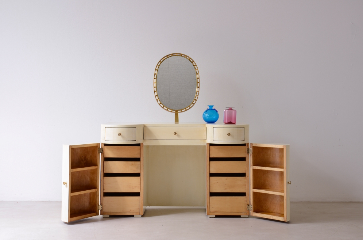 Elegante toilette/console/scrittoio in legno laccato con specchio basculante, Manifattura italiana, 1930ca