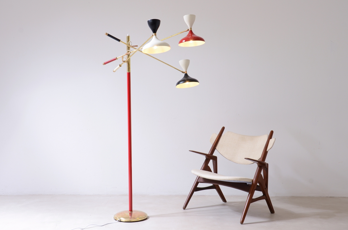Stilnovo Milano  Rare lamp with colored brass stem and three arms 1950's
