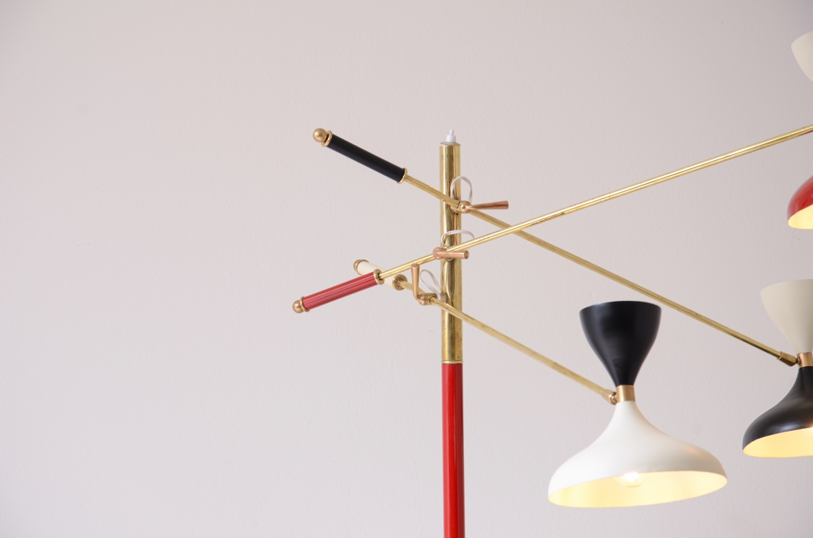 Stilnovo Milano  Rare lamp with colored brass stem and three arms 1950's