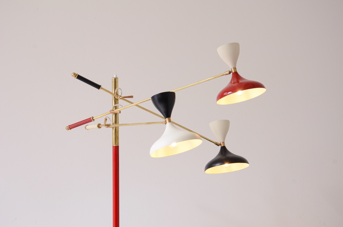 Stilnovo Milano  Rare lamp with colored brass stem and three arms 1950's