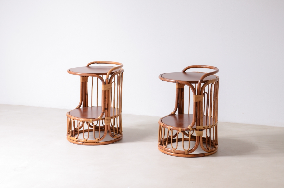 Pair of rattan nightstands with two wooden shelves.Italian manufacture 1960's