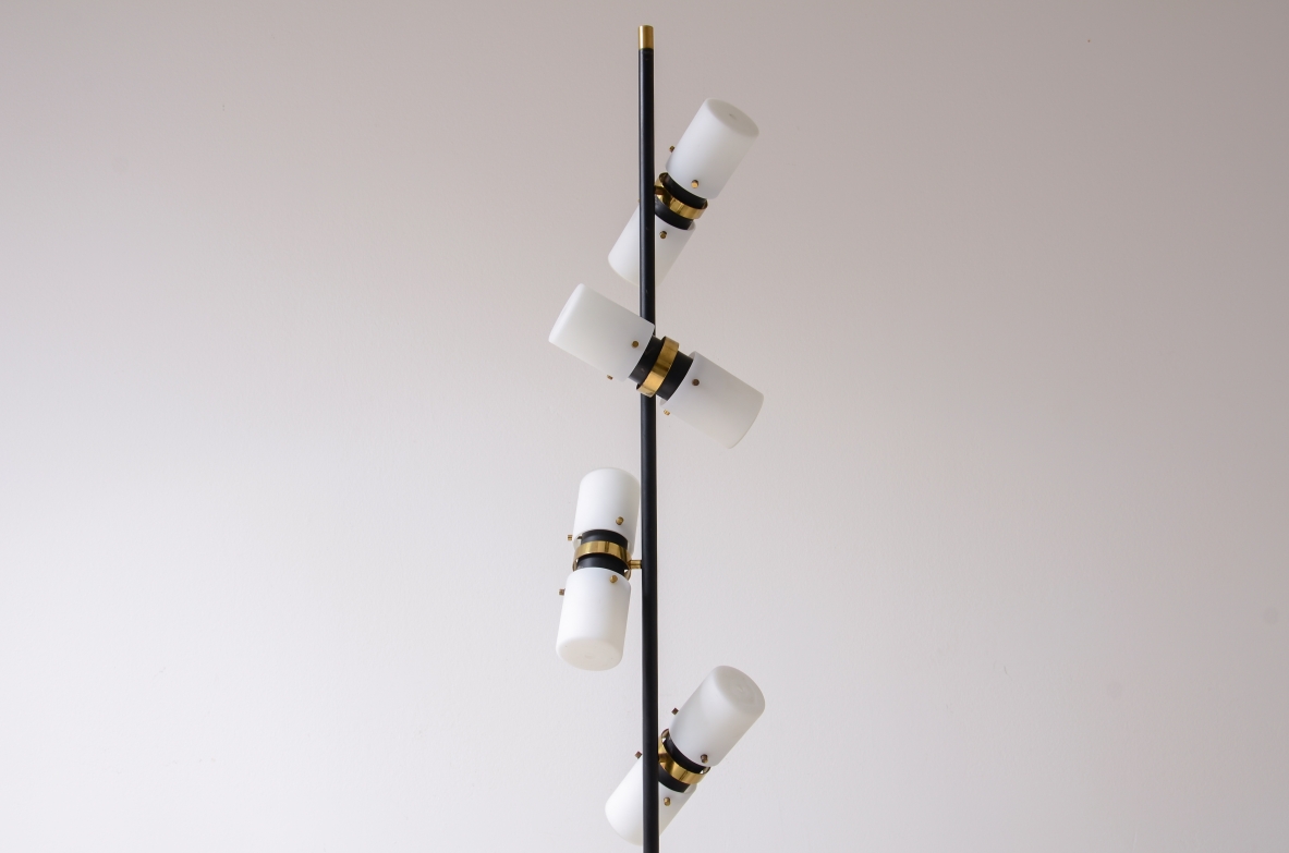 Angelo Brotto. Rare 12-light floor lamp with metal stem,  brass with opaline glass