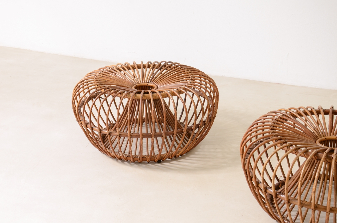Pair of curved rattan chairs.  Bonacina production, 1960s.