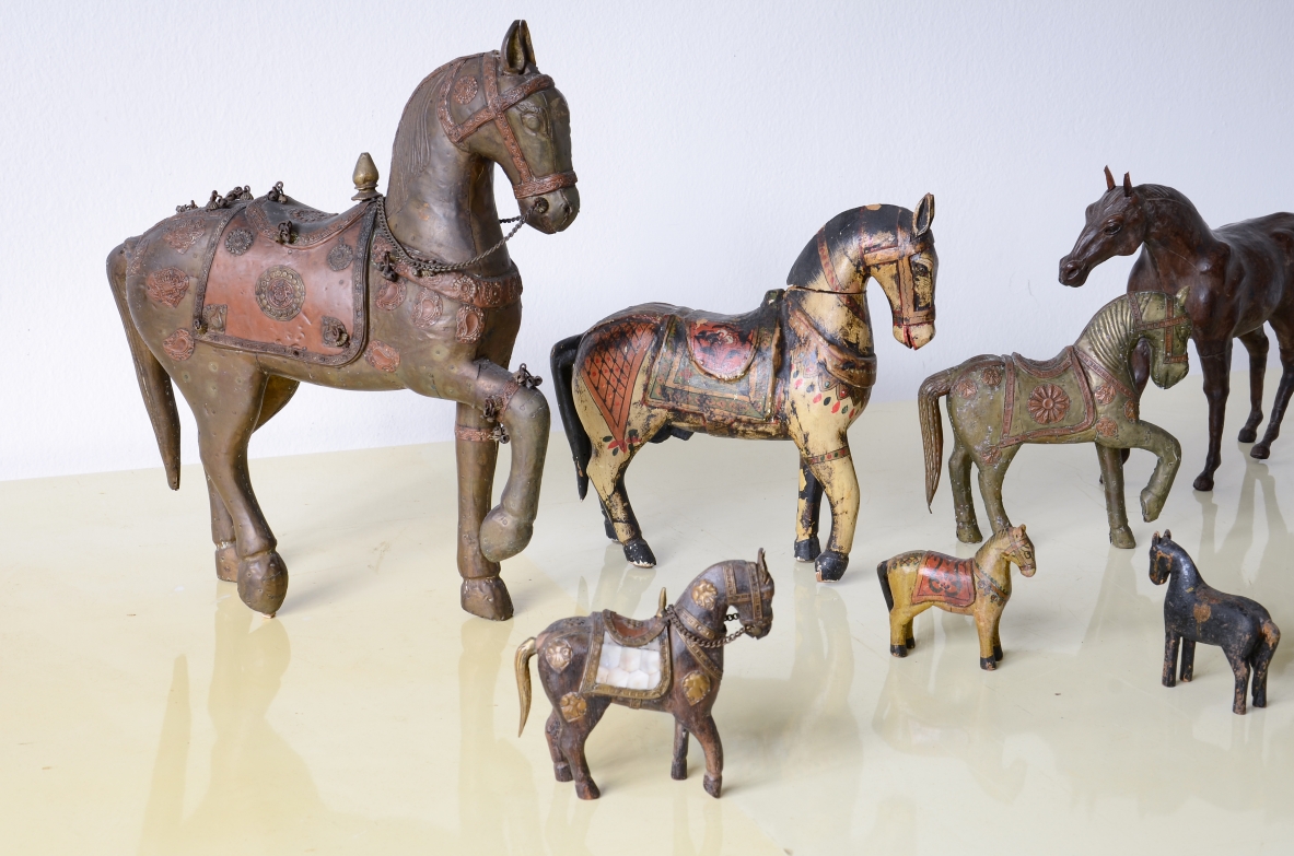 Collection of nine horses made of different materials Indian manufacture, 20th century.