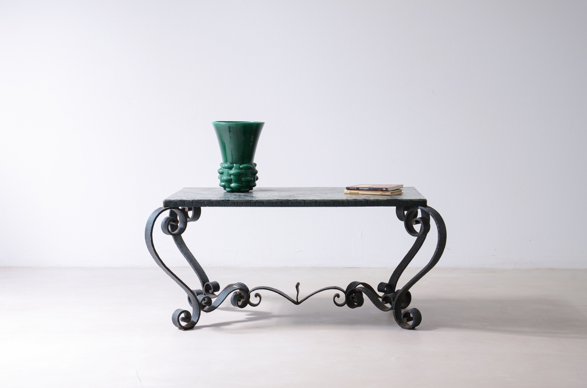 Wrought iron and copper-green lacquered coffee table, Art Deco 1930's