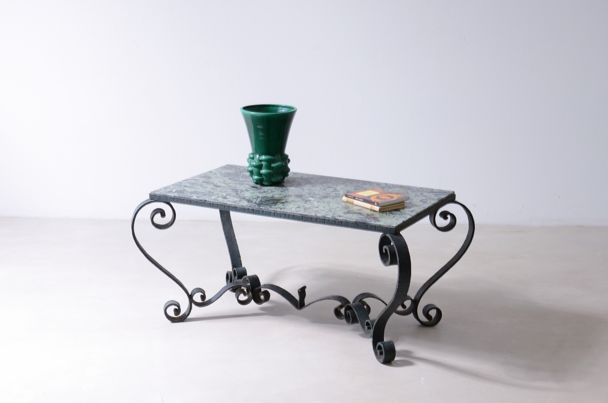 Wrought iron and copper-green lacquered coffee table, Art Deco 1930's