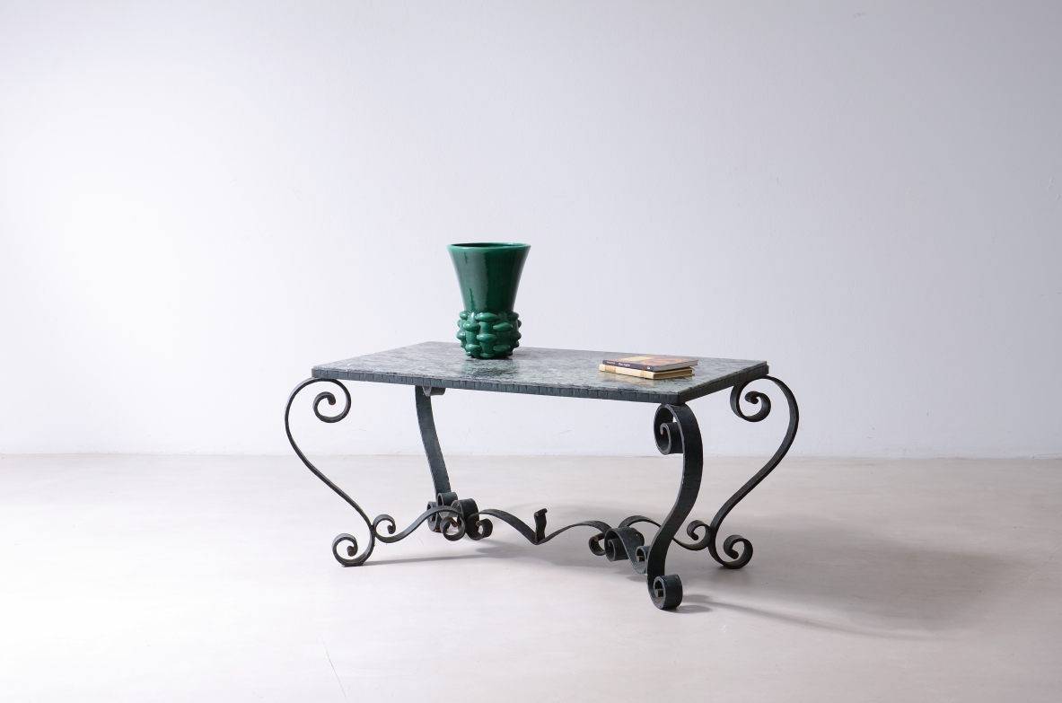 Wrought iron and copper-green lacquered coffee table, Art Deco 1930's