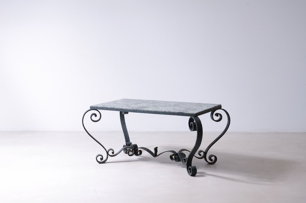 Wrought iron and copper-green lacquered coffee table, Art Deco 1930's