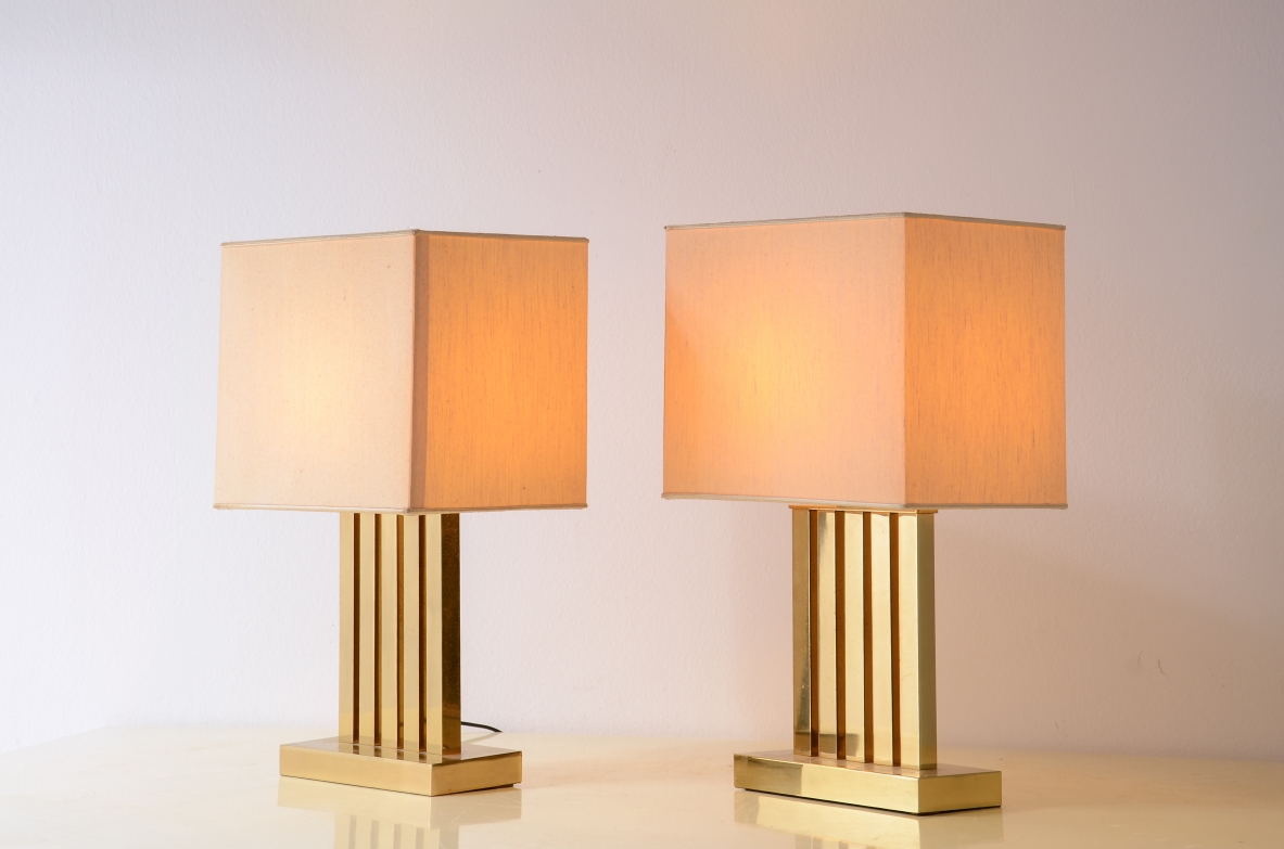 Two polished brass table lamps with fabric shades.  Italian manufacture, circa 1970.