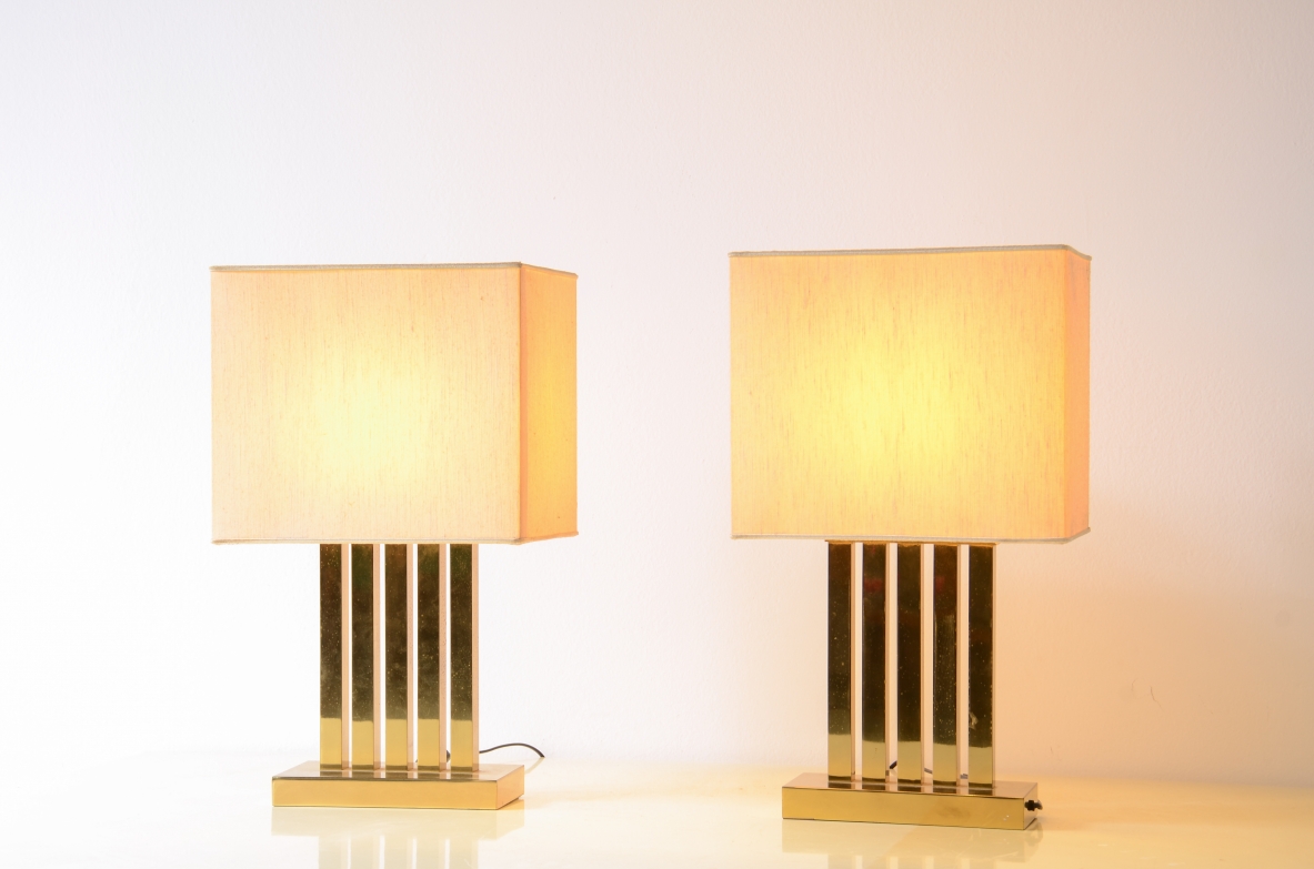 Two polished brass table lamps with fabric shades.  Italian manufacture, circa 1970.