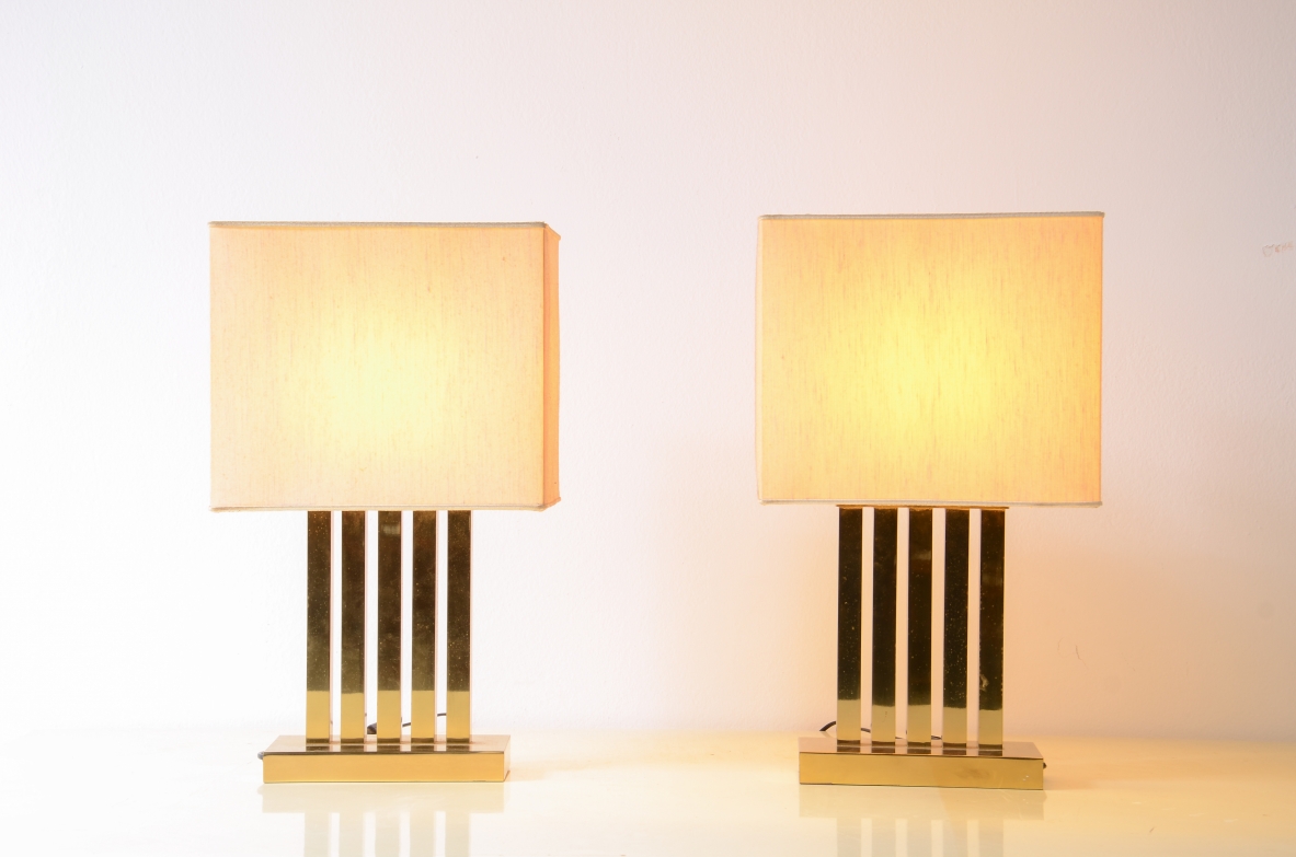 Two polished brass table lamps with fabric shades.  Italian manufacture, circa 1970.