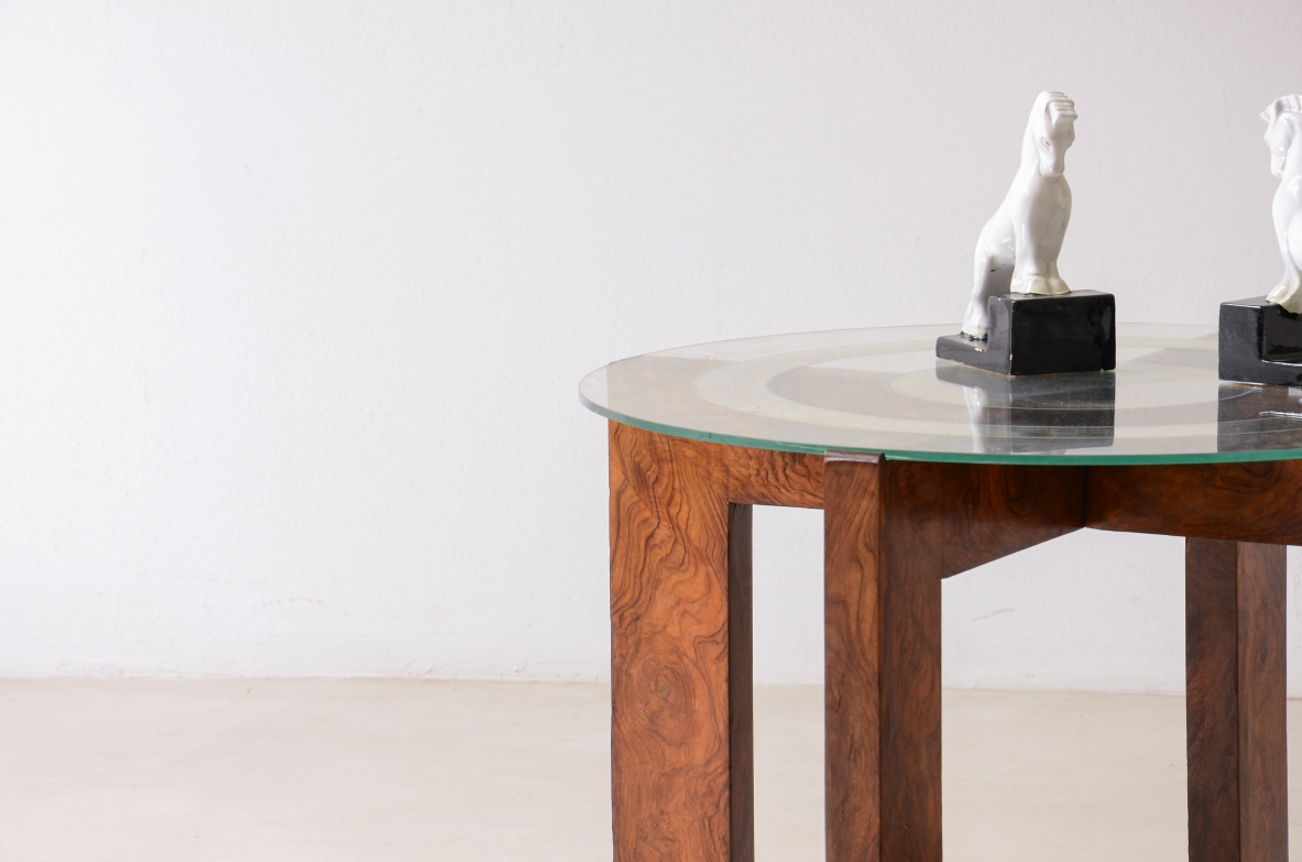 Coffee table with mirrored glass  burl cross-shaped base Italian Rationalism, ca. 1925-30