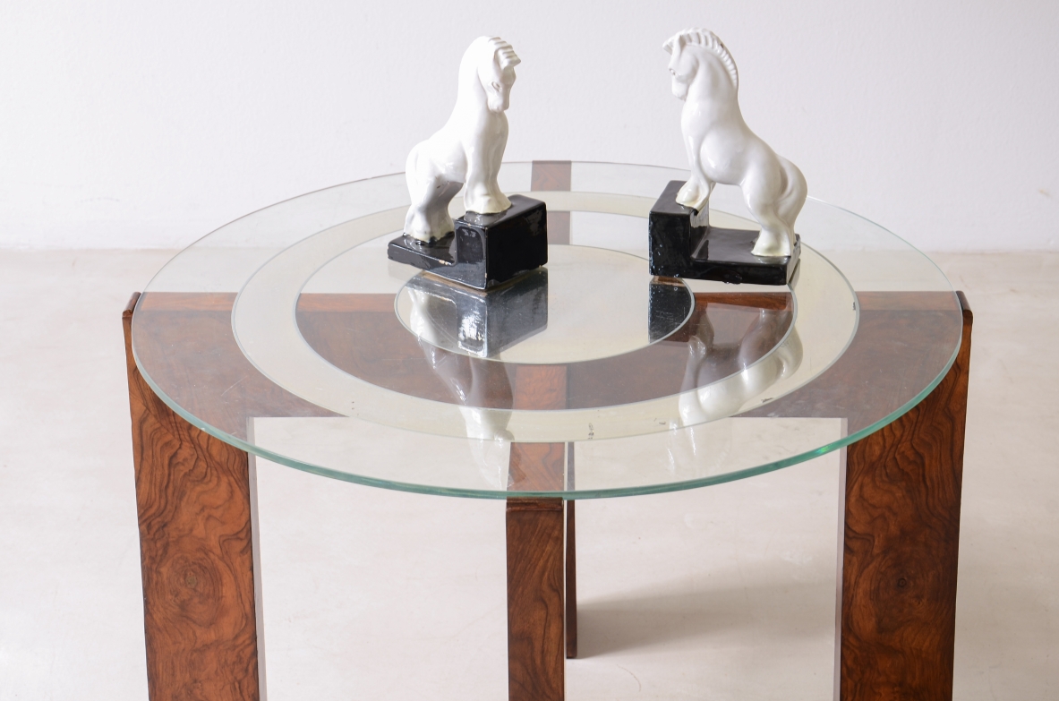 Coffee table with mirrored glass  burl cross-shaped base Italian Rationalism, ca. 1925-30