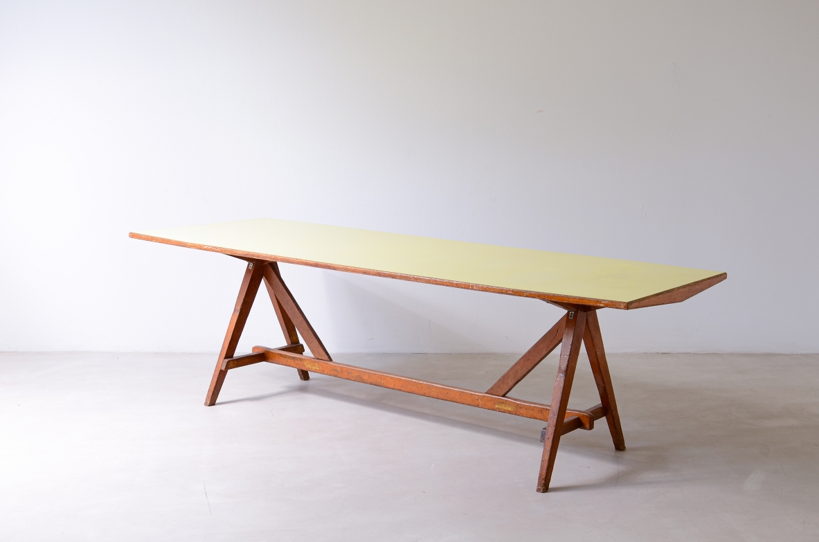 Large oak table with a pastel yellow Formica top 1955