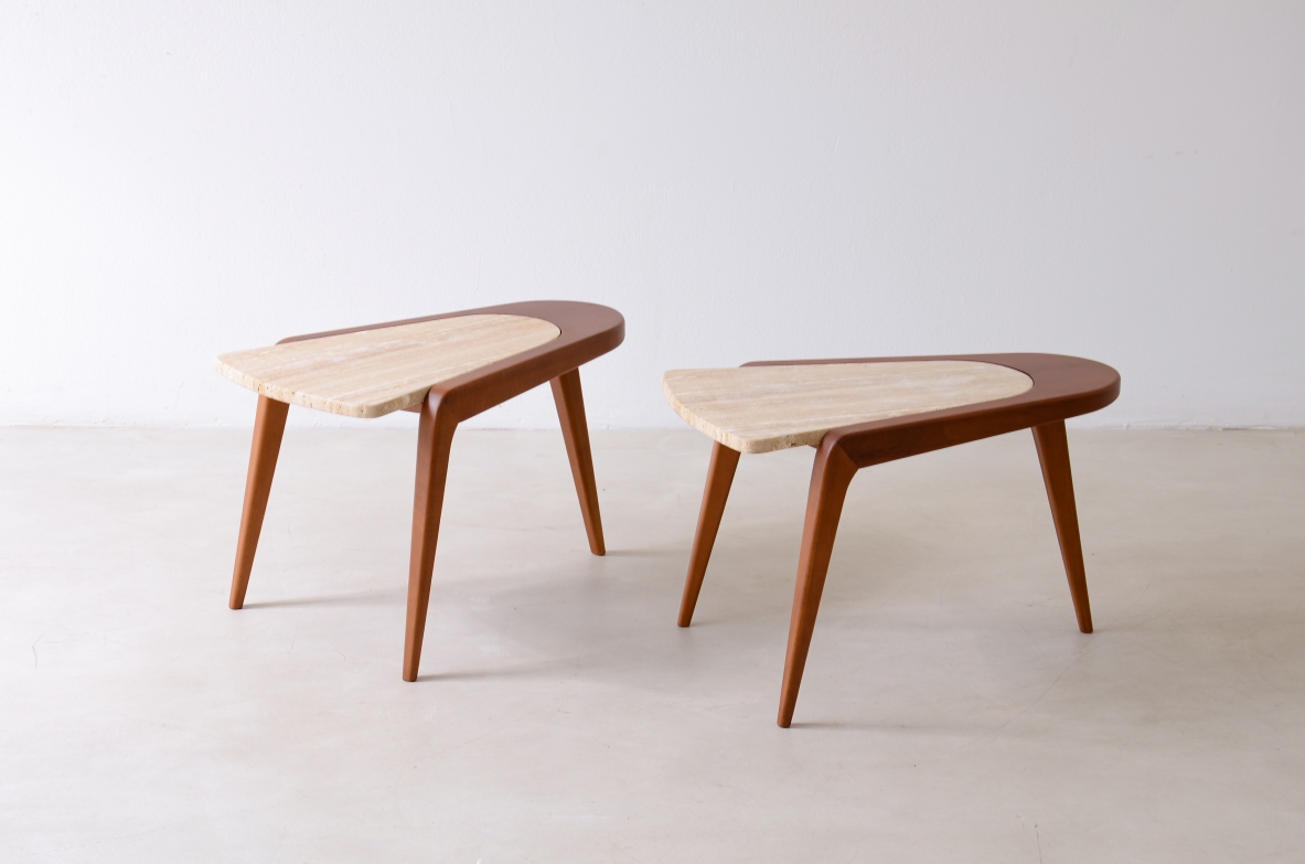 Pair of shaped wooden coffee tables with travertine tops.  Made in Italy, custom-made.