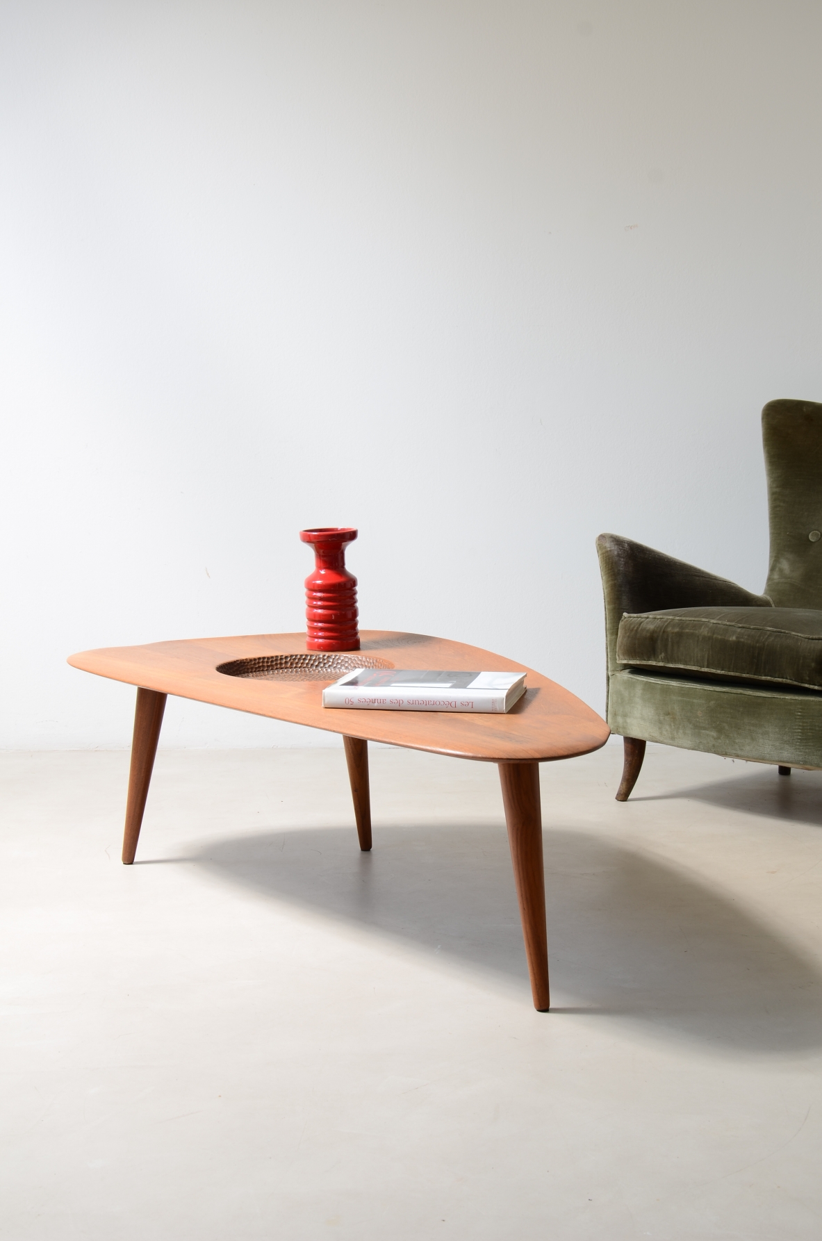 1950's  large coffee table with an organically shaped solid wood top