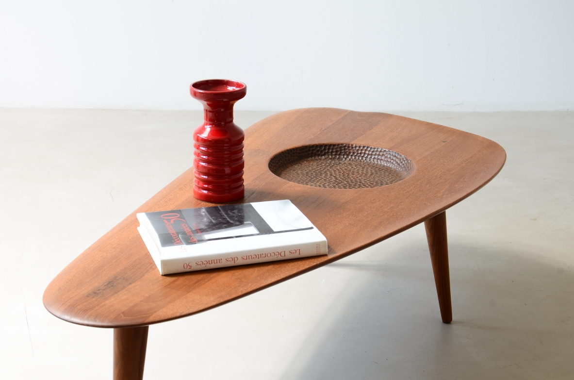1950's  large coffee table with an organically shaped solid wood top