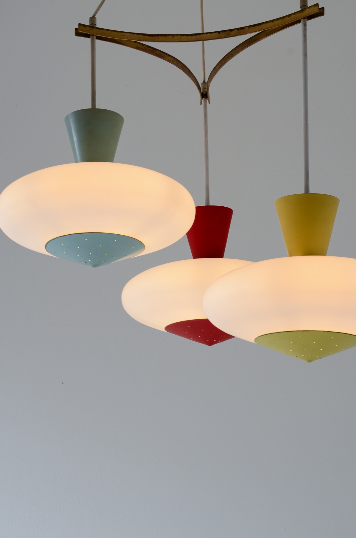 Stilux 1950's Milano. Unique three-light chandelier with a brass and painted metal frame.