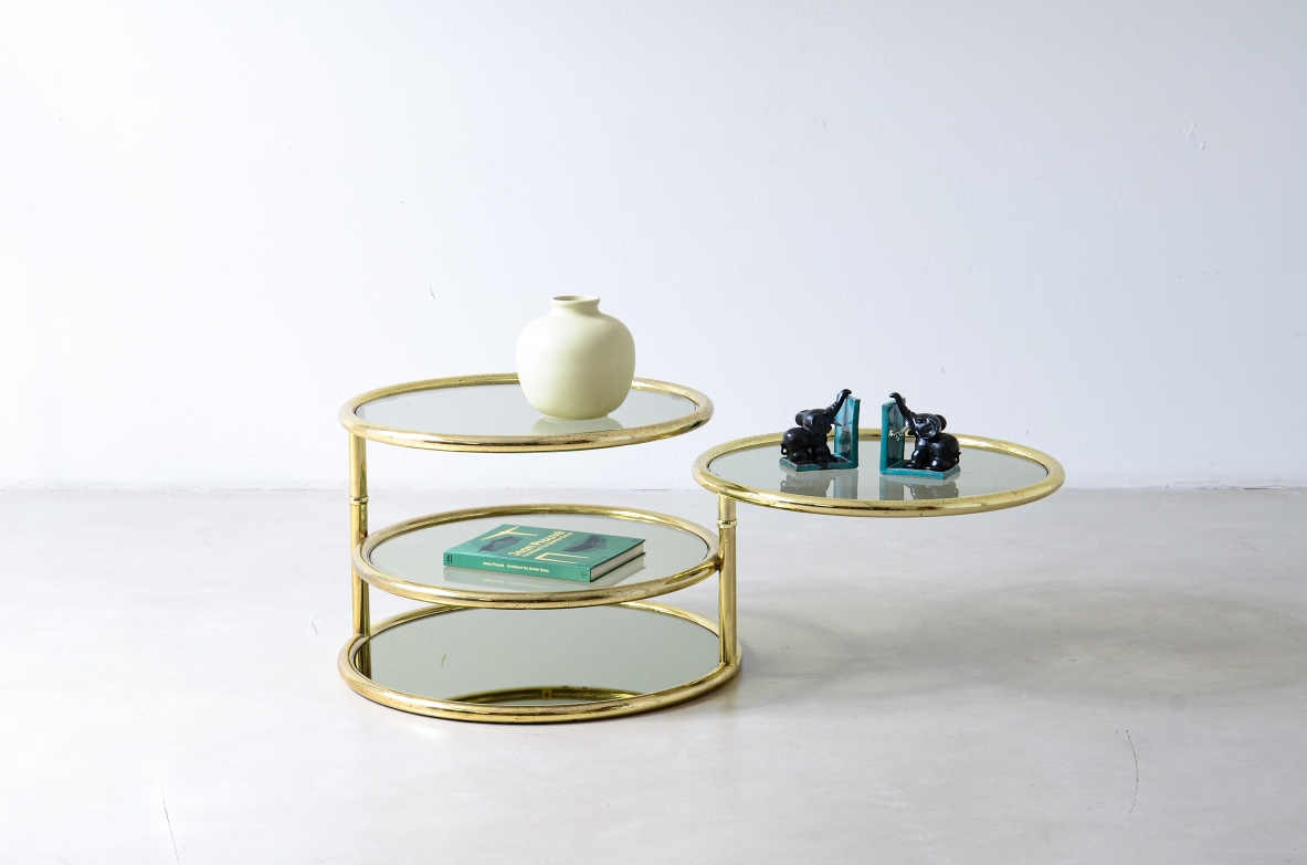 Milo Ray Baughman Brass coffee table with four circular tops in lightly blued glass 1970's