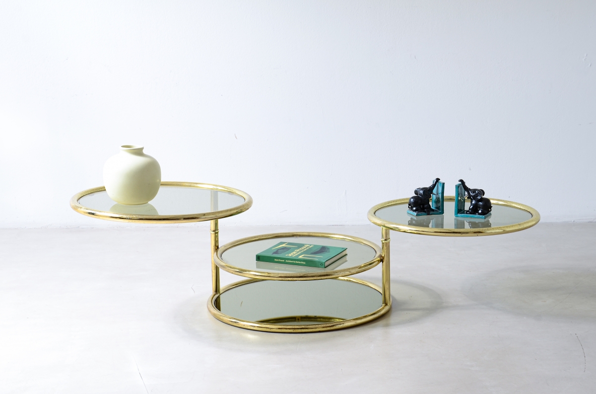 Milo Ray Baughman Brass coffee table with four circular tops in lightly blued glass 1970's