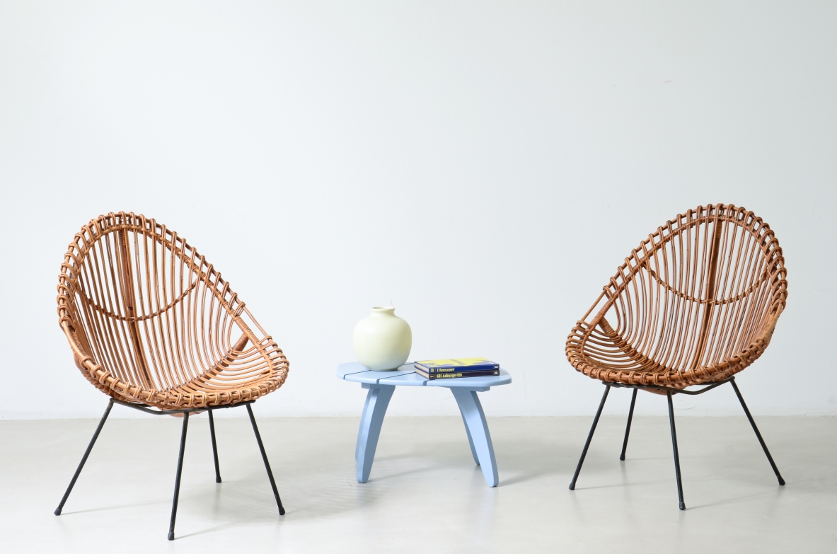 Coppia di poltroncine a pozzetto in rattan curvato, Bonacina Italia, 1950ca.