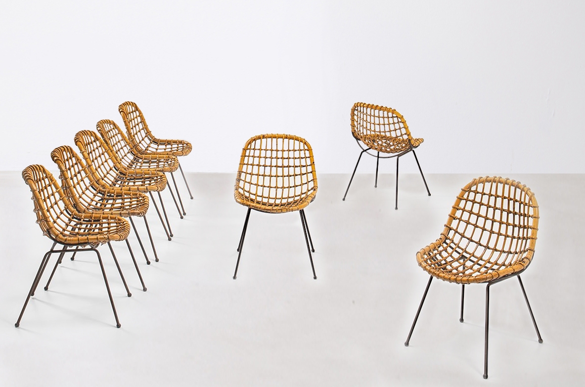 Gian Franco Legler. Set di otto sedie in rattan curvato e tondino di ferro, 1960ca