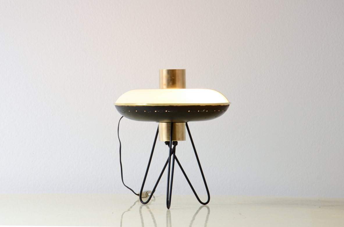 Small table lamp with perforated metal disc and printed glass 1950